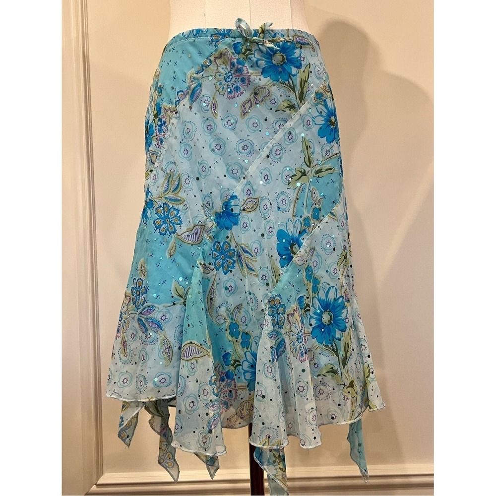 George Y2K Blue Floral Sequin Handkerchief Hem Chiffon Fairy Skirt M 2668-SP07